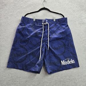 Modelo Men Swimwear L Blue Swim Trunks Lined Logo Allover Print 8" Inseam
